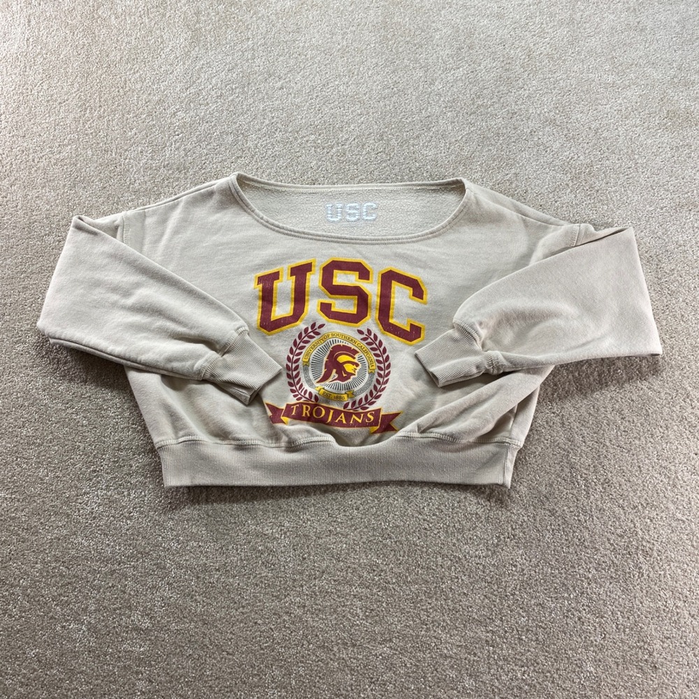 Goodie Two Sleeves USC Trojans Sweatshirt Womens Small Beige Cropped Boat Neck